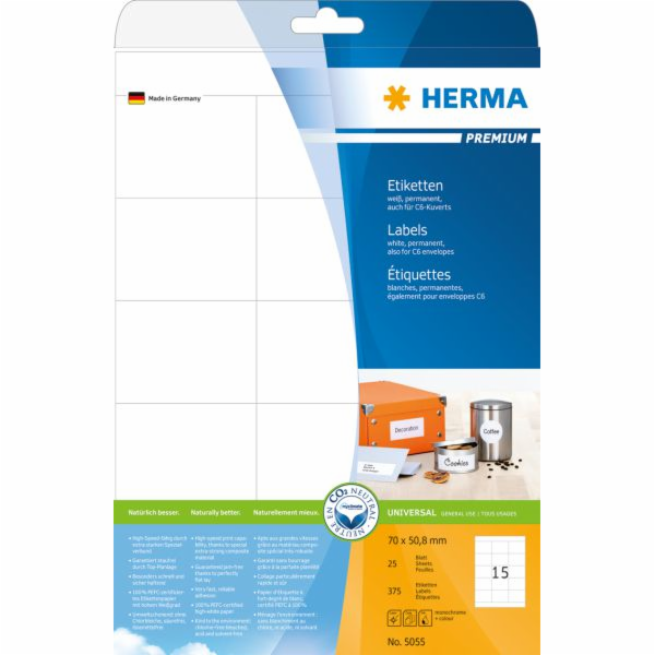 Herma Premium Labels 5055, A4, White, 70 x 50,8 mm, matný papír, 375 ks (5055)