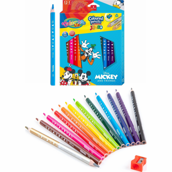 Patio Patio trojúhelníkové tužky jumbo 12 kusů 13 barev + Colorino děti Mickey obsah