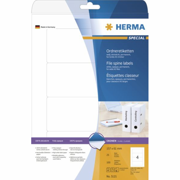 Herma Special 5121 štítky, pro pojiva, A4, bílá, 157 x 61 mm, matný papírový papír neprůhledný, 100 ks, zaoblené rohy. (5121)