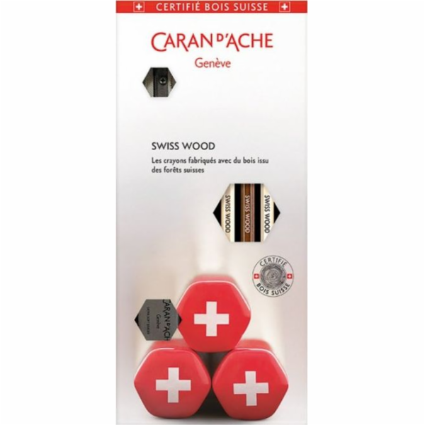 Caran d`arche tužka sada Caan d Ace Swiss Wood, HB, 3 ks + elastický a ořezávátko, mix barev