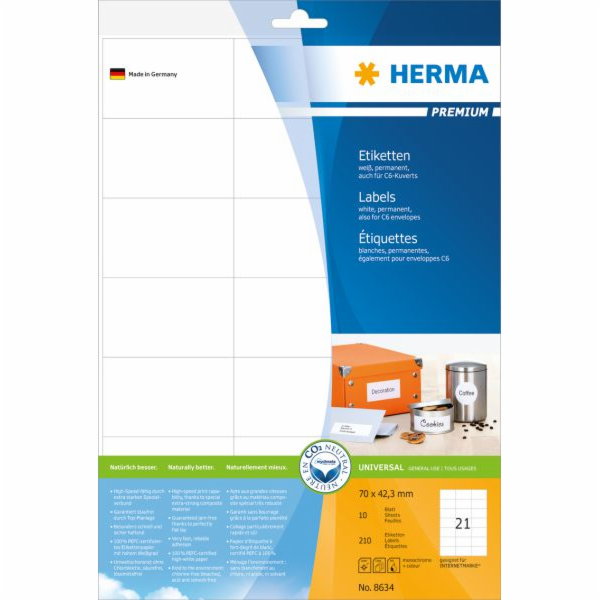 Štítky Herma Premium A4, bílý, matný papír, 210 ks (8634)