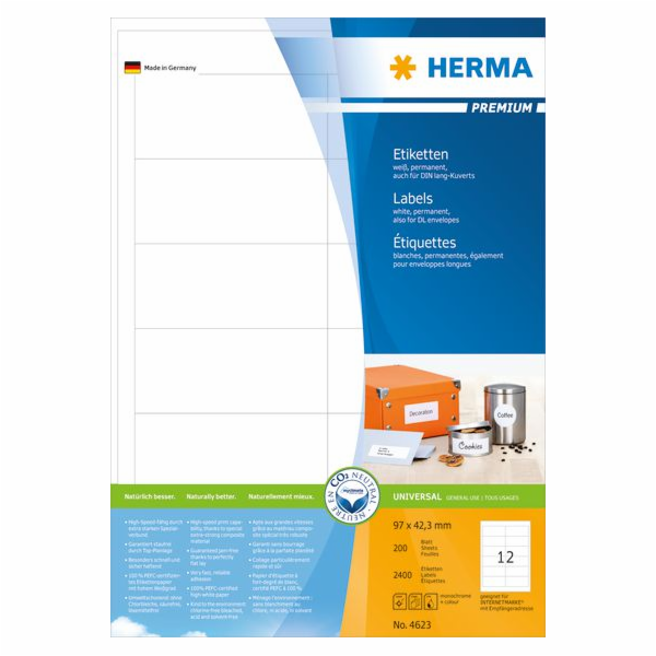Štítky Herma Premium A4, bílý, matný papír, 2400 ks (4623)