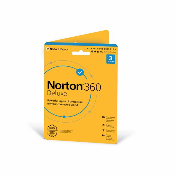 Norton 360 DELUXE 25GB + VPN 1 lic. 3 lic. 3 roky (21435519) NORTON 360 DELUXE 25GB +VPN 1 uživatel pro 3 zařízení na 3 roky ESD