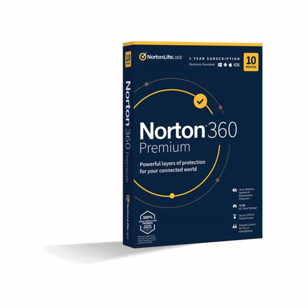 Norton 360 PREMIUM 75GB + VPN 1 lic. 10 lic. 3 roky ESD (21435581) NORTON 360 PREMIUM 75GB +VPN 1 uživatel pro 10 zařízení na 3 rok ESD