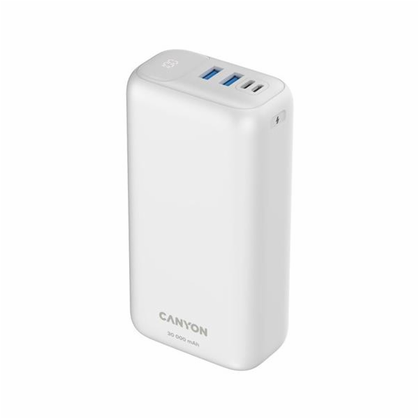 Canyon CNE-CPB301W CANYON powerbanka PB-301, 30000mAh Li-poly QC 3.0&PD 20W, display, In USB-C + micro USB, Out 1x USB-C + 2x USB-A, bílá