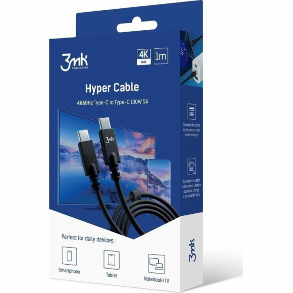 3mk datový kabel Hyper USB-C -> USB-C (PD), 100W 5A, 4K 60H, 1 m, černá