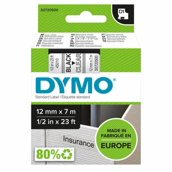 Dymo D1 paska 12 mm x 7 m cerna na transparentni 45010