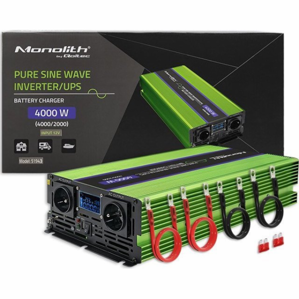 Převaděč monolitního napětí Qoltec Baterie se nabíjí UPS 2000W | 4000W | 12V na 230V | Čistý sinus LCD