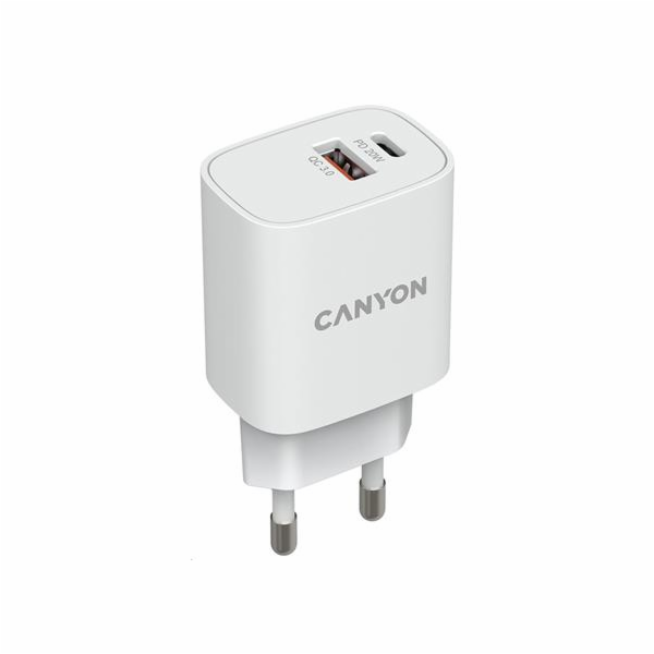 CANYON nabíječka do sítě H-20-04, 1x USB-C PD 20W, 1x USB-A QC 3.0 18W, bílá