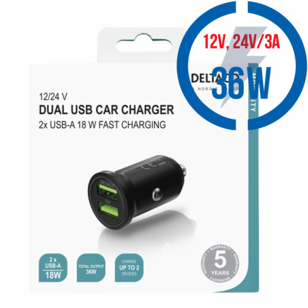 DELTACO USB-CAR128, Autonabíječka 2x USB 2.0, zda