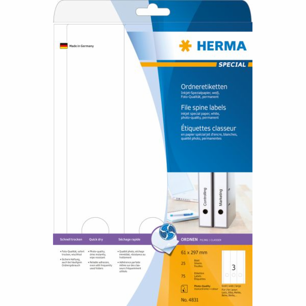 Herma Labels Special 4831, pro pořadače, A4, bílá, 61 x 297 mm, matný papír, pro inkoustové tiskárny, 75 ks, zaoblené rohy (4831)