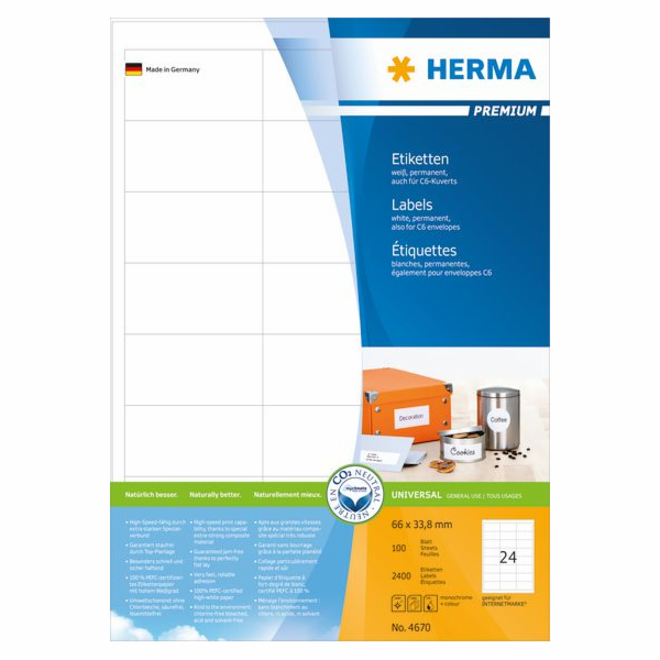Herma Premium etikety A4, bílé, matný papír, 2400 ks (4670)