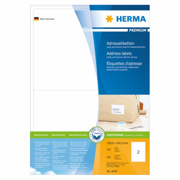Herma Premium Labels 4249, A4, adresa, bílá, 199,6 x 143,5 mm, matný papír, 200 ks, zaoblené rohy (4249)
