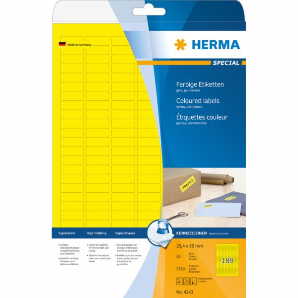 Herma Samolepící etikety 4243, A4, 25,4 x 10 mm, matný žlutý papír, 3780 ks (4243)