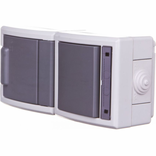 Elektro-Plast AQUANT Jednoduchá, přisazená hermetická zásuvka + jednopólový schodišťový vypínač s kouřovou klapkou 16A 250V IP55 šedá (1256-10)