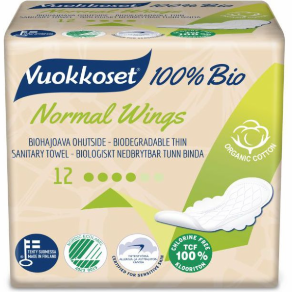 Vuokkoset Hygienické vložky s křidélky Normal 100% Organic, 12 ks.