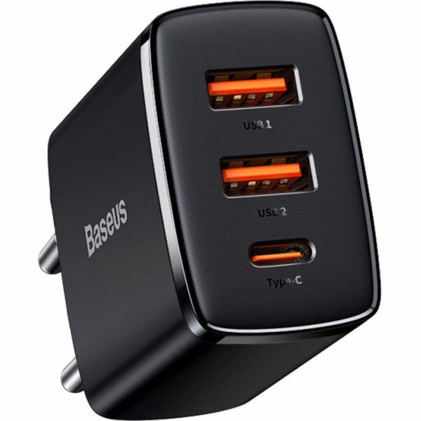 Baseus nabíječka Baseus Compact Quick Charger nástěnná nabíječka, 2xUSB, USB-C, PD, 3A, 30W (černá)