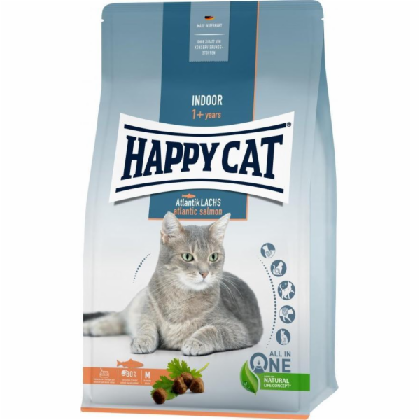 Happy Cat Indoor Atlantic Salmon, suché krmivo, pro dospělé domácí kočky, losos atlantický, 1,3 kg, sáček