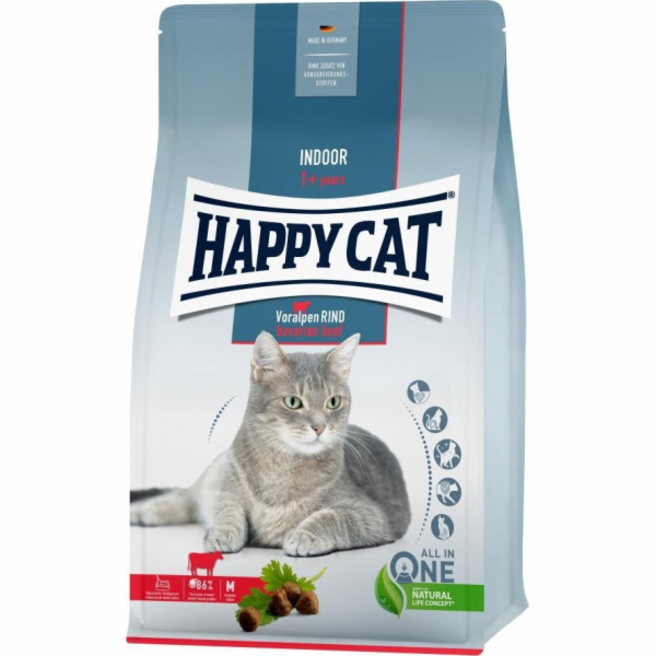 Happy Cat Indoor Bavarian Beef, suché krmivo, pro dospělé kočky žijící v domácnosti, bavorské hovězí maso, 1,3 kg, sáček