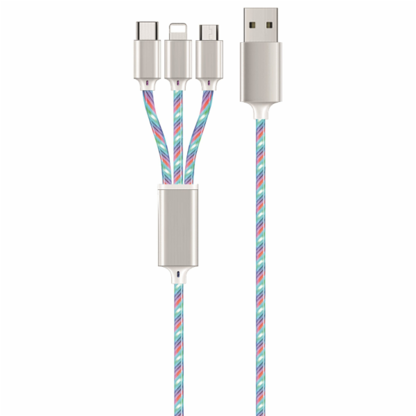 USB kabel 2GO 2GO 3v1 USB LED kabel modrý 150cm pro Micro-USB