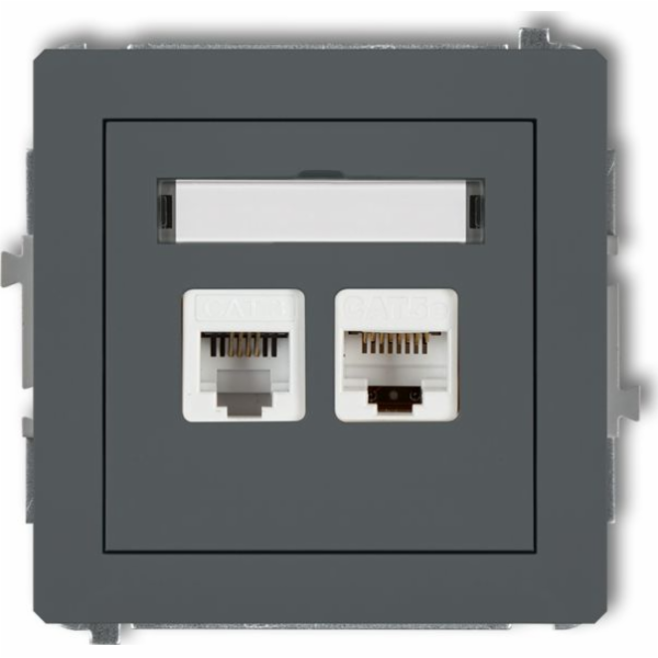 Karlík DECO Telefonní zásuvky jednoduché 1xRJ11 + počítačové zásuvky jednoduché 1xRJ45, kat. 5e, 8pin, bez nářadí, černá matná 1