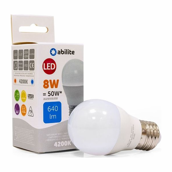 Abilite LED ŽÁROVKA ABILITE MLÉČNÁ KULIČKA NEUTRÁLNÍ E27 8W/230V 640LM G455