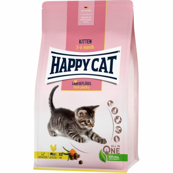 Happy Cat Kitten Farm Poultry, suché krmivo, pro koťata ve věku 2-6 měsíců, drůbež, 4 kg, sáček