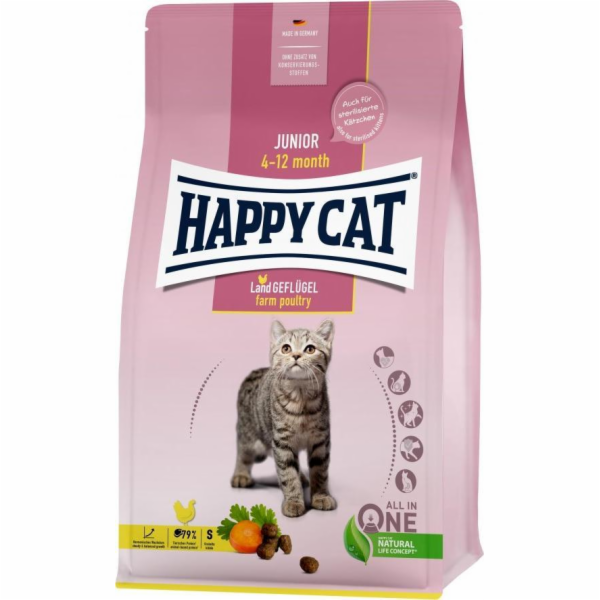 Happy Cat Junior Farm Poultry, suché krmivo, pro koťata ve věku 4-12 měsíců, drůbež, 1,3 kg, sáček