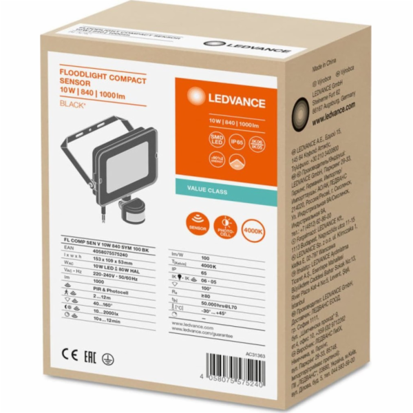 Světlometný LED projektor Ledvance FLOOD COMPACT SENSOR V 10W 840 SYM 100 BK 4058075575240