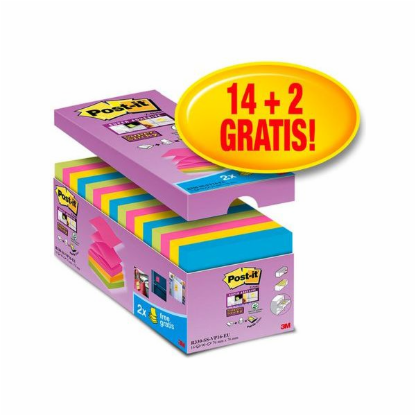 Samolepicí kartičky Post-it 1440 listů, SUPER STICKY Z-NOTES R330-SS-VP16 76x76mm mix barev, 16 kusů (3M0584)