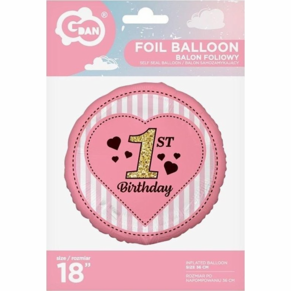 GoDan 1st Birthday fóliový balónek, růžový 45 cm
