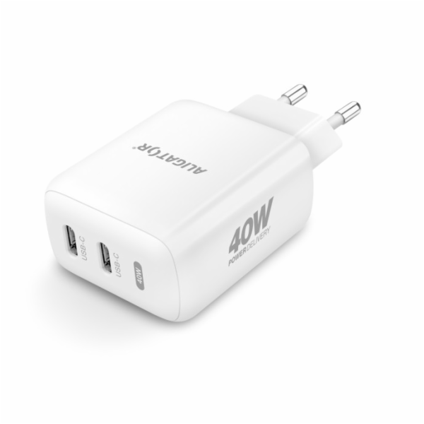 Chytrá síťová nabíječka ALIGATOR Power Delivery 40W, 2xUSB-C, USB-C kabel pro iPhone/iPad, bílá