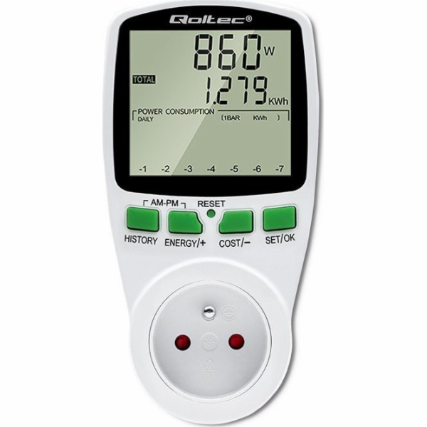 Wattmetr Qoltec Počítadlo spotřeby energie PM0627 s historií měření | 3680W | 16A | LCD