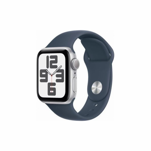 Chytré hodinky GPS Apple Watch SE, 40mm stříbrné hliníkové pouzdro s bouřkově modrým sportovním páskem - S/M