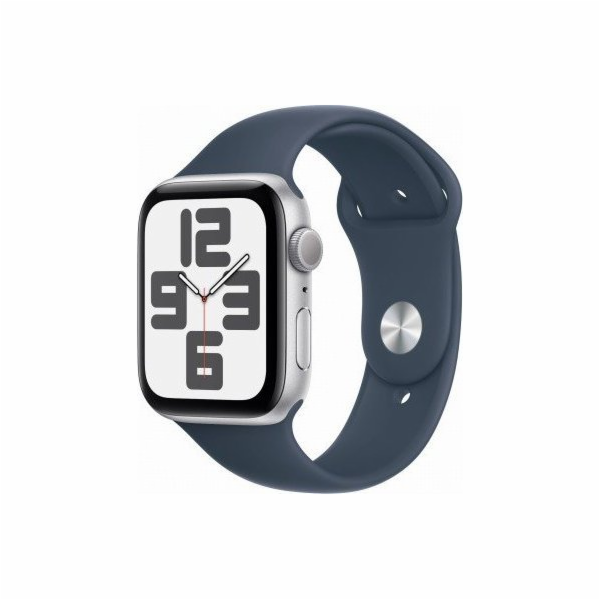 Chytré hodinky GPS Apple Watch SE, 44mm stříbrné hliníkové pouzdro s bouřkově modrým sportovním páskem - S/M