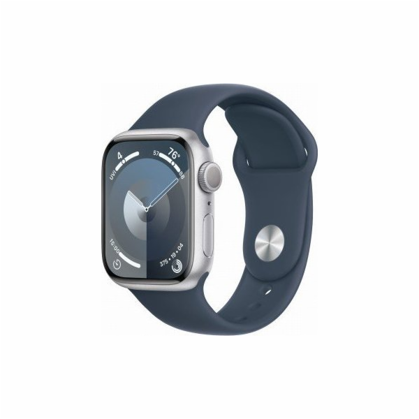 Chytré hodinky GPS Apple Watch Series 9, 41mm stříbrné hliníkové pouzdro s bouřkově modrým sportovním páskem - M/L