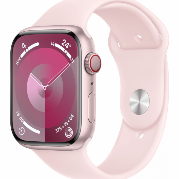 Apple Watch Series 9 GPS + mobilní chytré hodinky, 45mm růžové hliníkové pouzdro se světle růžovým sportovním páskem – M/L