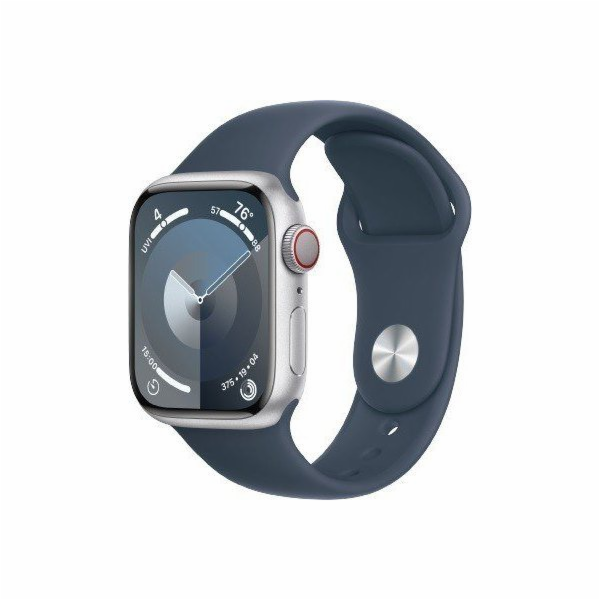 Apple Watch Series 9 GPS + mobilní chytré hodinky, 41mm stříbrné hliníkové pouzdro s bouřkově modrým sportovním páskem – S/M