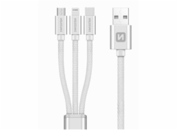 Swissten kabel Textile 3in1 mFi 1,2 m, stříbrná Swissten Datový kabel 3in1 MFi, 1,2 m, textilní, (micro USB, USB-C, Lightnings) stříbrný