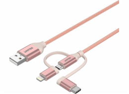Unitek mobilní kabel 3v1, MFi, 1 m, růžový