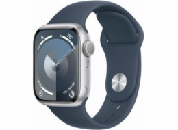 Chytré hodinky GPS Apple Watch Series 9, 41mm stříbrné hliníkové pouzdro s bouřkově modrým sportovním páskem - M/L