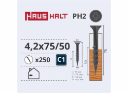 Vruty do dřeva Haushalt, 4,2 x 75/50 mm, PH2, 250 ks.