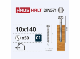 Vruty do dřeva Haushalt, DIN571, 10,0 x 140 mm, ZN, 50 ks.