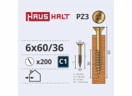 Vruty do dřeva Haushalt, 6 x 60/36 mm, ZN, PZ3, 200 ks.