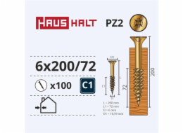 Vruty do dřeva Haushalt, 6 x 200/72 mm, ZN, PZ3, 100 ks.