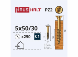 Vruty do dřeva Haushalt, 5 x 50/30 mm, ZN, PZ2, 250 ks.