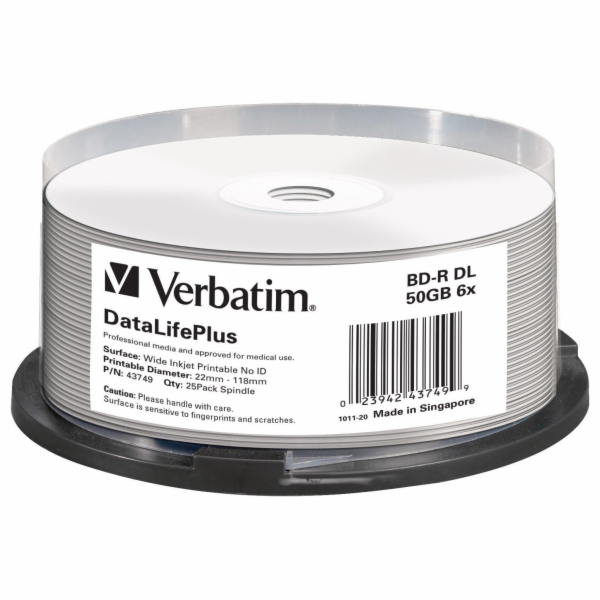 1x25 Verbatim BD-R Blu-Ray 50GB 6x Speed printable Cakebox