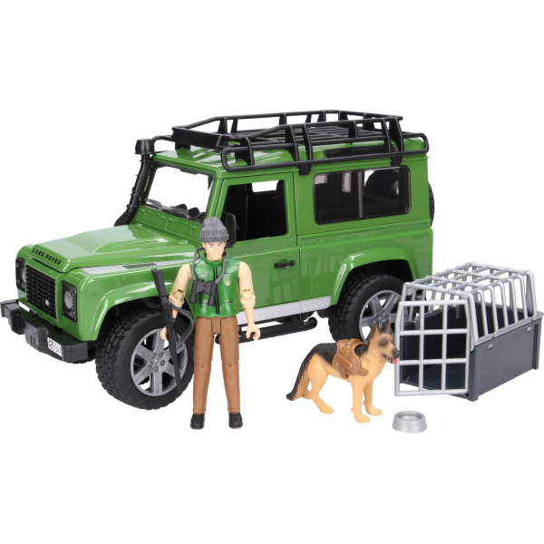 Land Rover Defender s figurkou lesníka a psa