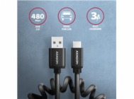 AXAGON BUCM-AM10TB, TWISTER kabel USB-C <-> USB-A, 0.6m, USB 2.0, 3A, ALU, tpe, černý