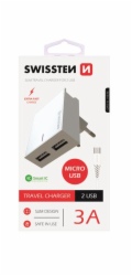 Nabíječka cestovní SWISSTEN 2x USB, IC, 3A, + microUSB kabel, bílá